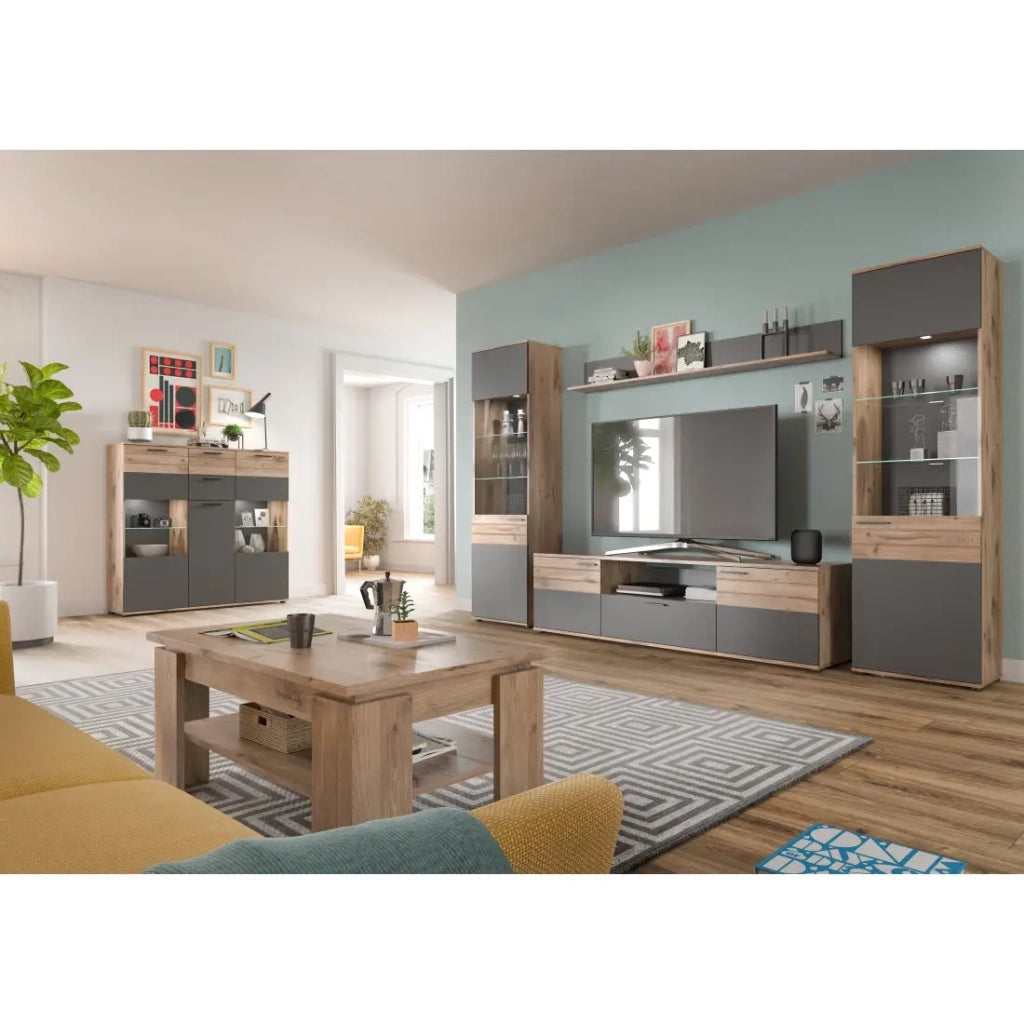 Buffet alto con porta in vetro - Grigio antracite e rovere chiaro - SELMA