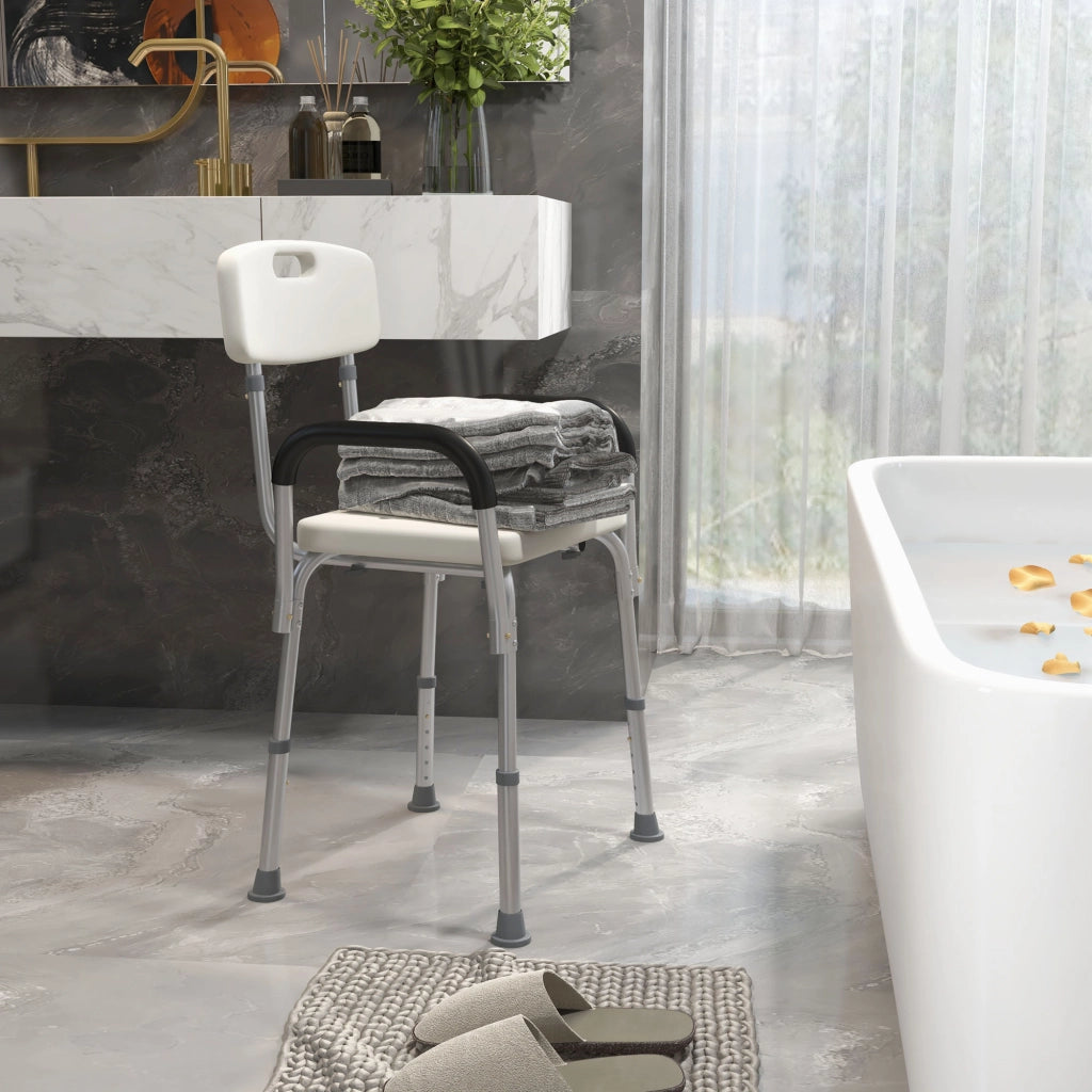 Sedia da Doccia in HDPE a 6 Altezze Regolabili con Schienale e Braccioli, 47x50x74-87 cm, Bianco e Argento