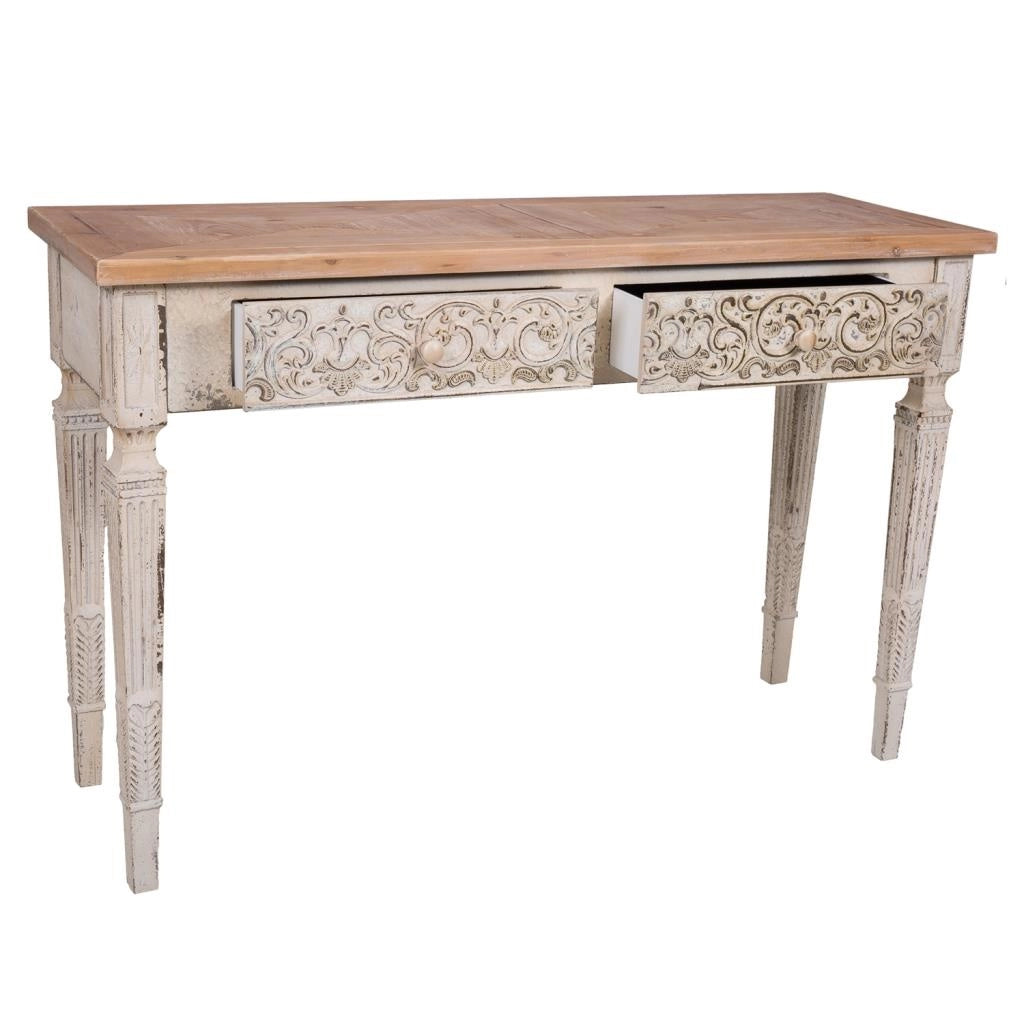 Mueble de entrada in legno bianco invecchiato e naturale con 2 cassetti 120x40x78h cm