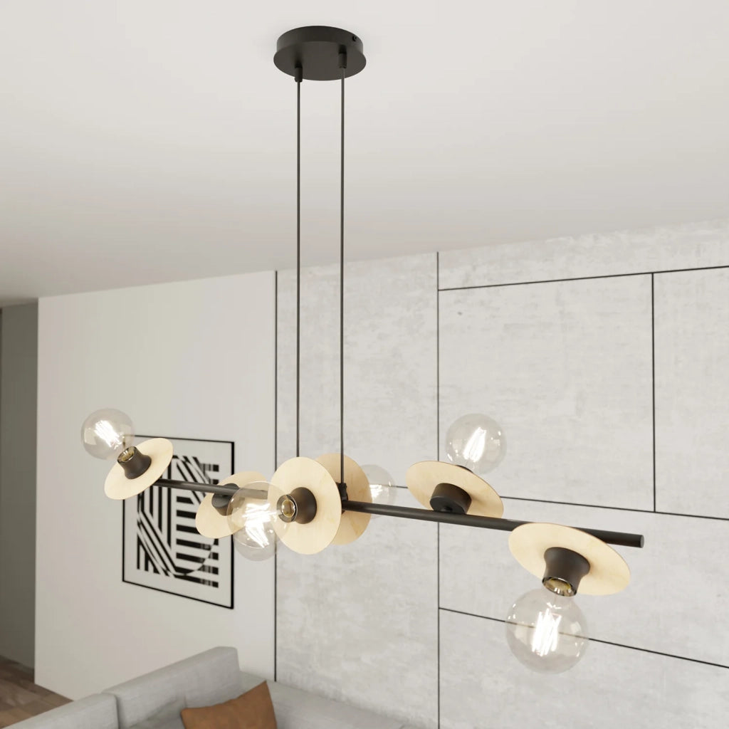 Lampadario 6 Luci Eos In Acciaio Nero E Legno Con Barra E Diffusori A Piatti