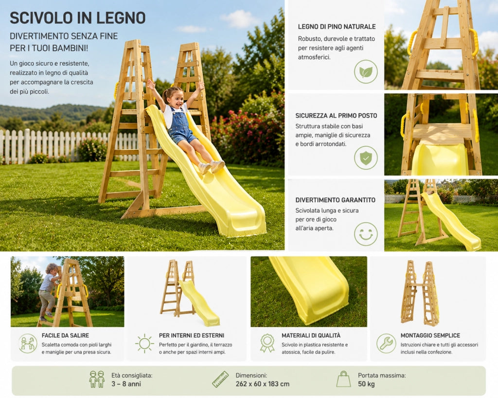 Scivolo per bambini da esterno, SCIVOLO da Giardino in Plastica per Bambini con Solida Struttura in Legno 4 Gradini. Dim