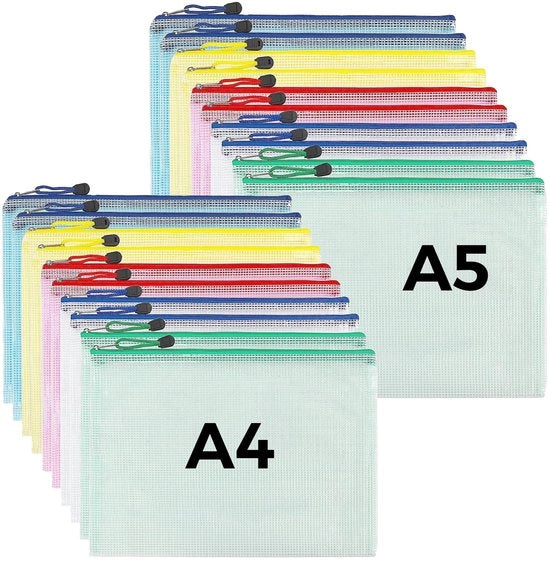 Documentetasse per A4 e A5 con chiusura a rilievo - 20 pezzi, cartellina in plastica in 5 colori, per la conservazione di piccoli oggetti, cosmetici, accessori da viaggio, ecc.