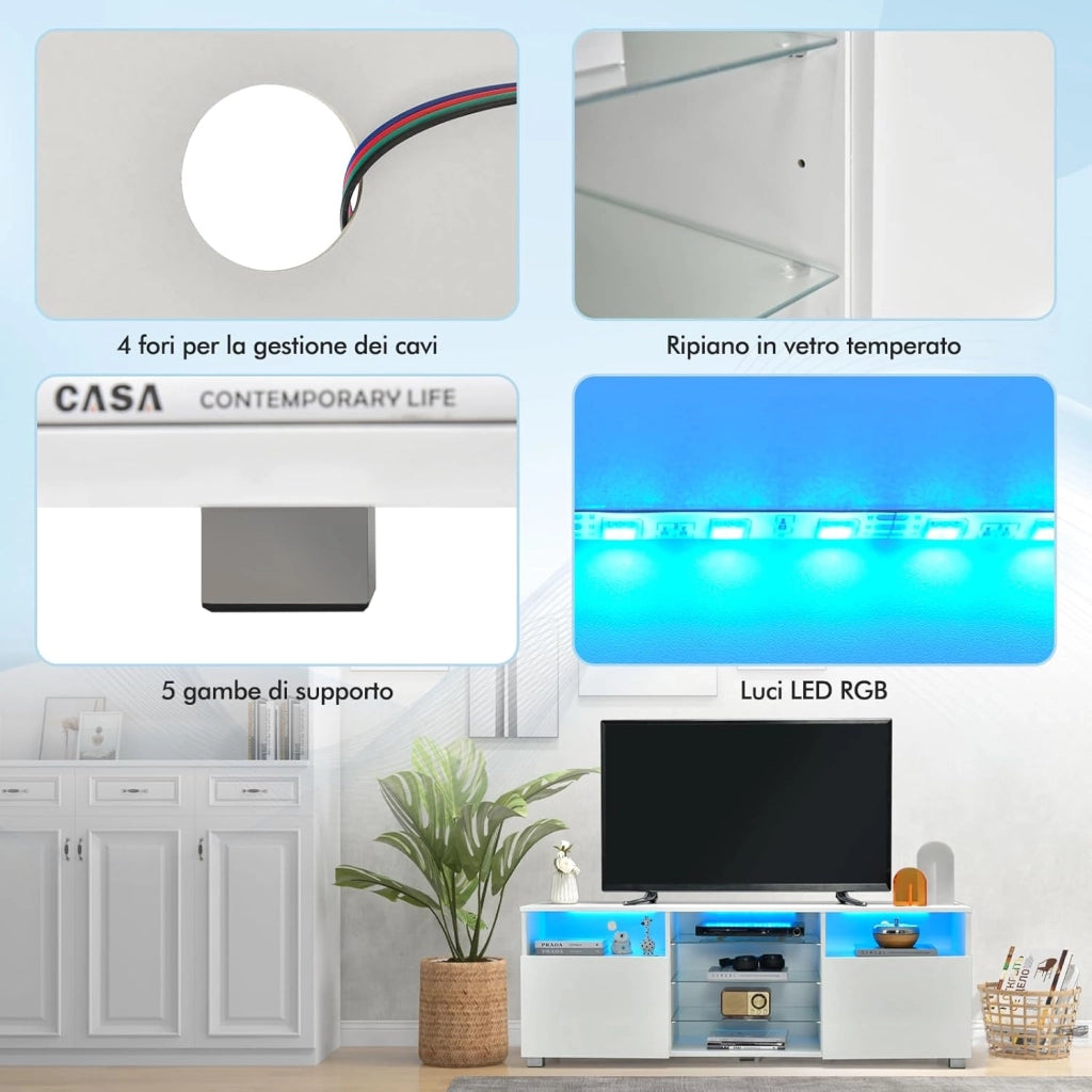 Mobile Porta TV con Luci, Mobile TV per Televisione Fino a 65", Tavolino Multifunzionale da Soggiorno, con Ripiani in Vetro Regolabili, Mobiletto Porta TV a 2 Porte, 146 x 35 x 53 cm