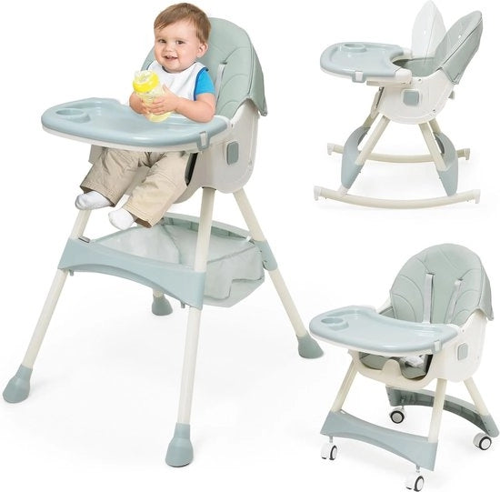 Sedie da Pranzo per Bambini 3 in 1 con Piatto Rimovibile e Ruote - Verde