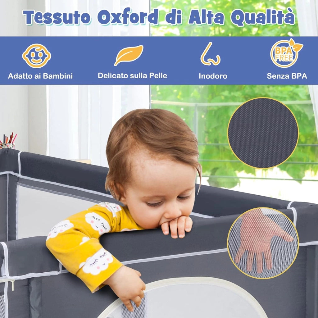 Box Recinto per Bambini, Centro Attività Portatile con Cancelli di Sicurezza, Reti Traspiranti, Ventose Antiscivolo e 4 Anelli per Bambini, con 50 Palline, 206 x 185,5 x 68 cm (Grigio Scuro)