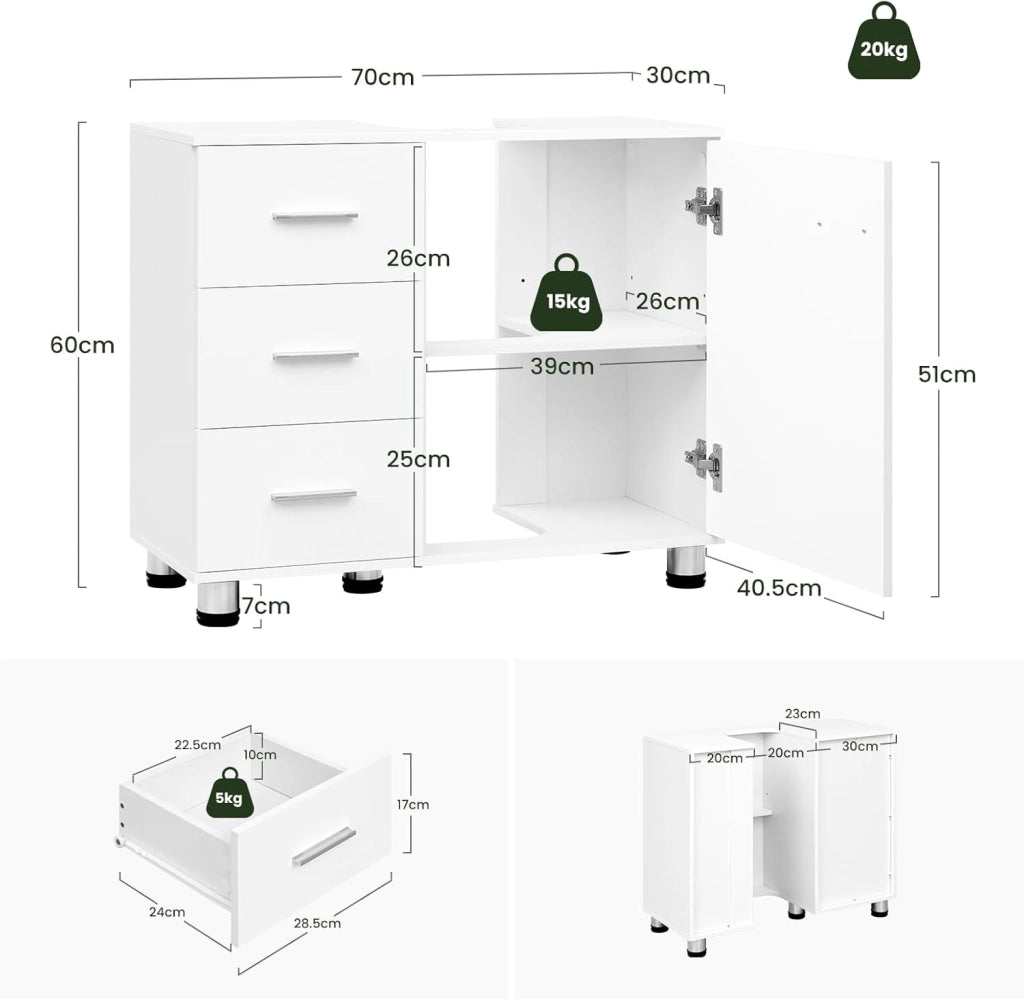 Mobiletto Sotto Lavabo con Ripiano Regolabile, Mobile da Bagno Freestanding con Anta a Cassetto, 70x60x30 cm, Mobiletto da Bagno Bianco