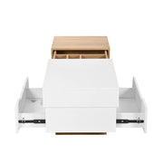 Tavolino da Salotto con Piano Scorrevole; 2 Cassetti e Vani; Stile Moderno; in MDF; Naturale e Bianco