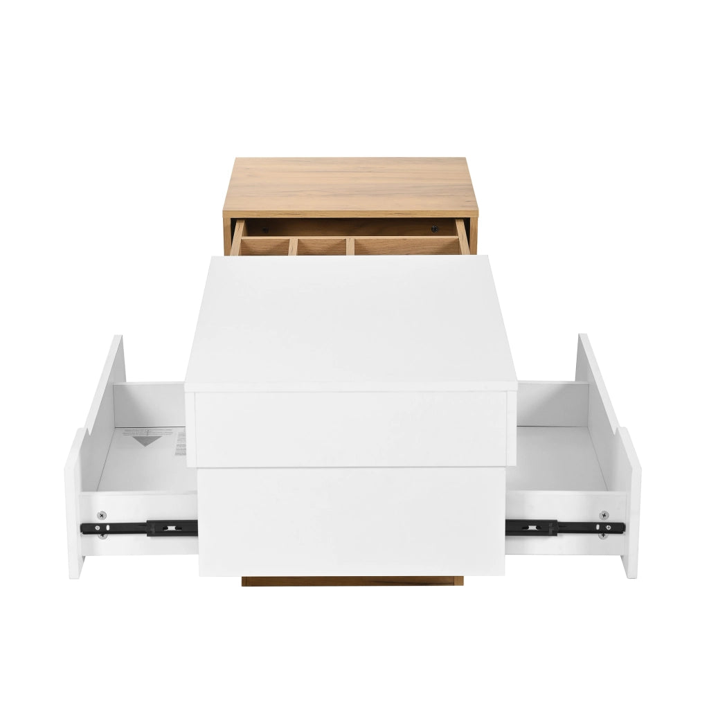 Tavolino da Salotto con Piano Scorrevole; 2 Cassetti e Vani; Stile Moderno; in MDF; Naturale e Bianco