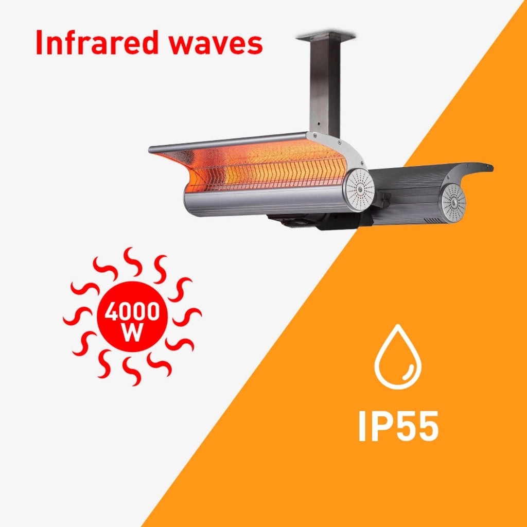 Sined Stufa Infrarossi Soffitto Doppio Riscaldatore Riflettente a Soffitto Da 4000w Grigio Realizzate In Acciaio Inox e Alluminio Anodizzato Di Altissima Qualita Grado Di Protezione Ip65 Telecomando