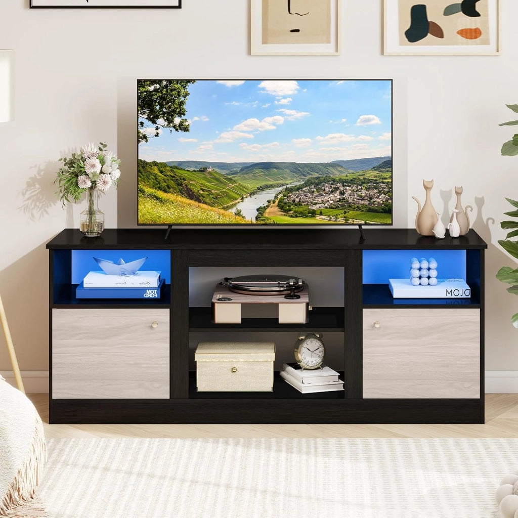 KOMFOTTEU Mobile TV Soggiorno con Luci LED, Mobiletto TV Multifunzione per TV fino a 65”, con Mensola Regolabile e Scomparto Aperto per Camino Elettrico, Mobile Porta TV per Camera da Letto, Nero