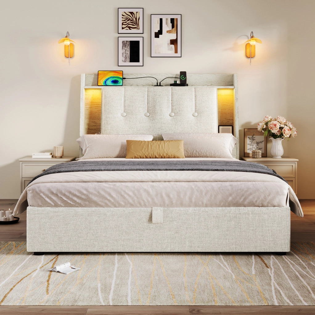 Letto imbottito 90x200 cm con contenitore; USB e USB-C; LED; lino beige