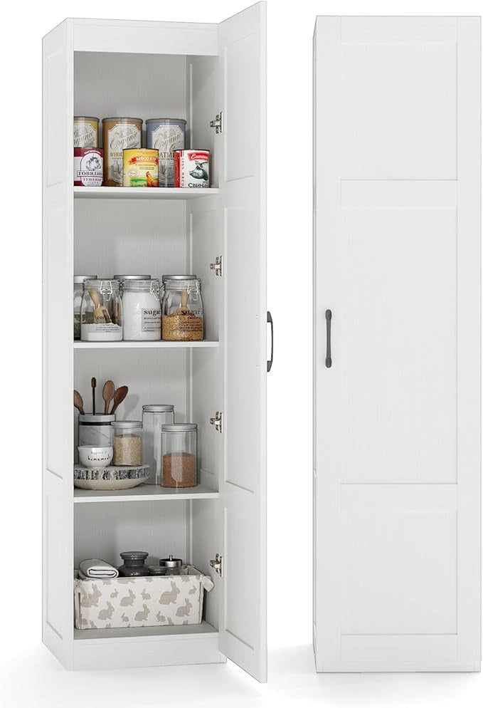 Armadietto Alto 150 cm, Mobile da Terra Indipendente a 4 Ripiani con Porta, Credenza Stretta per Sala da Pranzo, Cucina, Ripostiglio, Soggiorno e Bagno, 40 x 37,5 x 150 cm (Bianco)