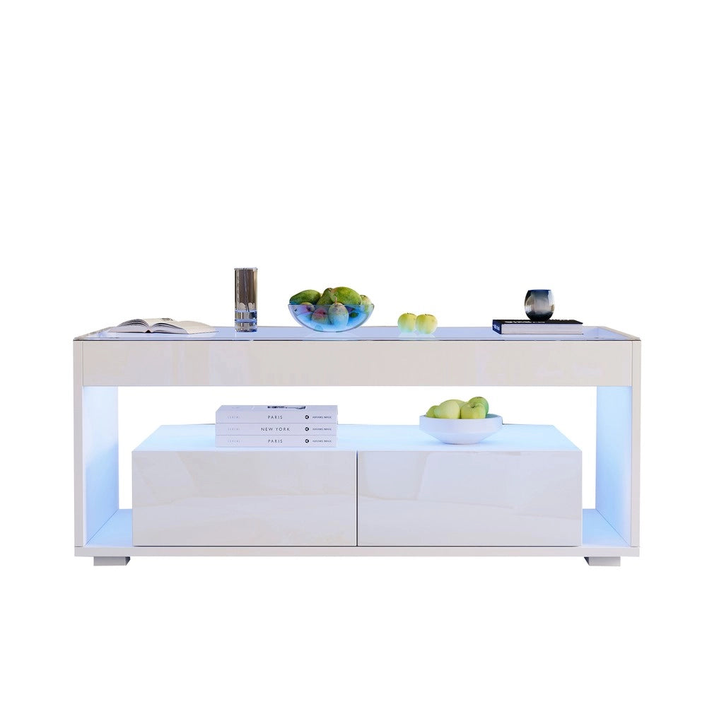Tavolino da Caff¨¨ con LED e Cassetti ¨C MINIMAL ¨C Vetro Bianco Lucido 100x50x40