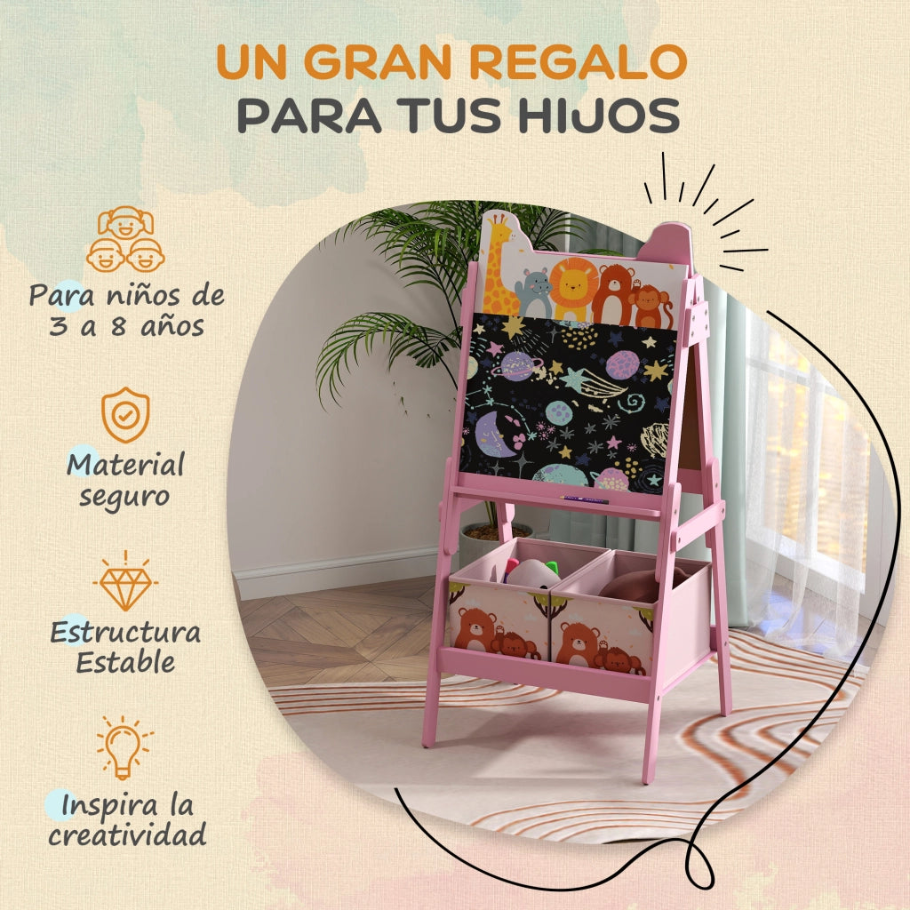 Cavalletto da Pittura per Bambini con Lavagna Doppia e 2 Contenitori in Tessuto ¨C Minimal ¨C Rosa con Stampa Animali