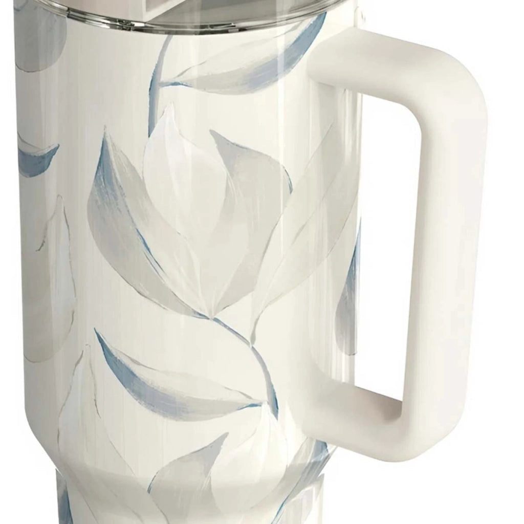 Bicchiere Termico 1200 ml con Cannuccia con Decorazione Fogliame Cotone Bianco Quokka