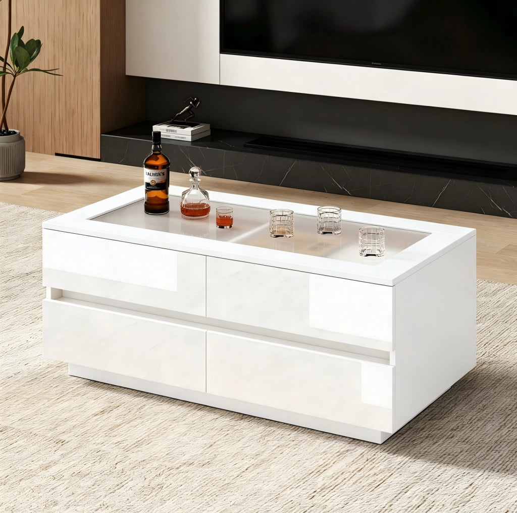 Tavolino da caffè 100x50x40 cm con 4 cassetti; LED; piano in vetro temperato; truciolare bianco