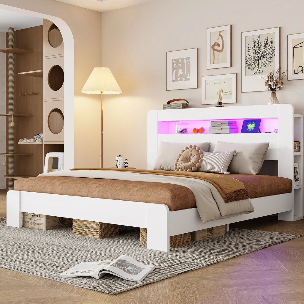 Letto matrimoniale 180x200 cm con testiera contenitore; LED e prese integrate; bianco