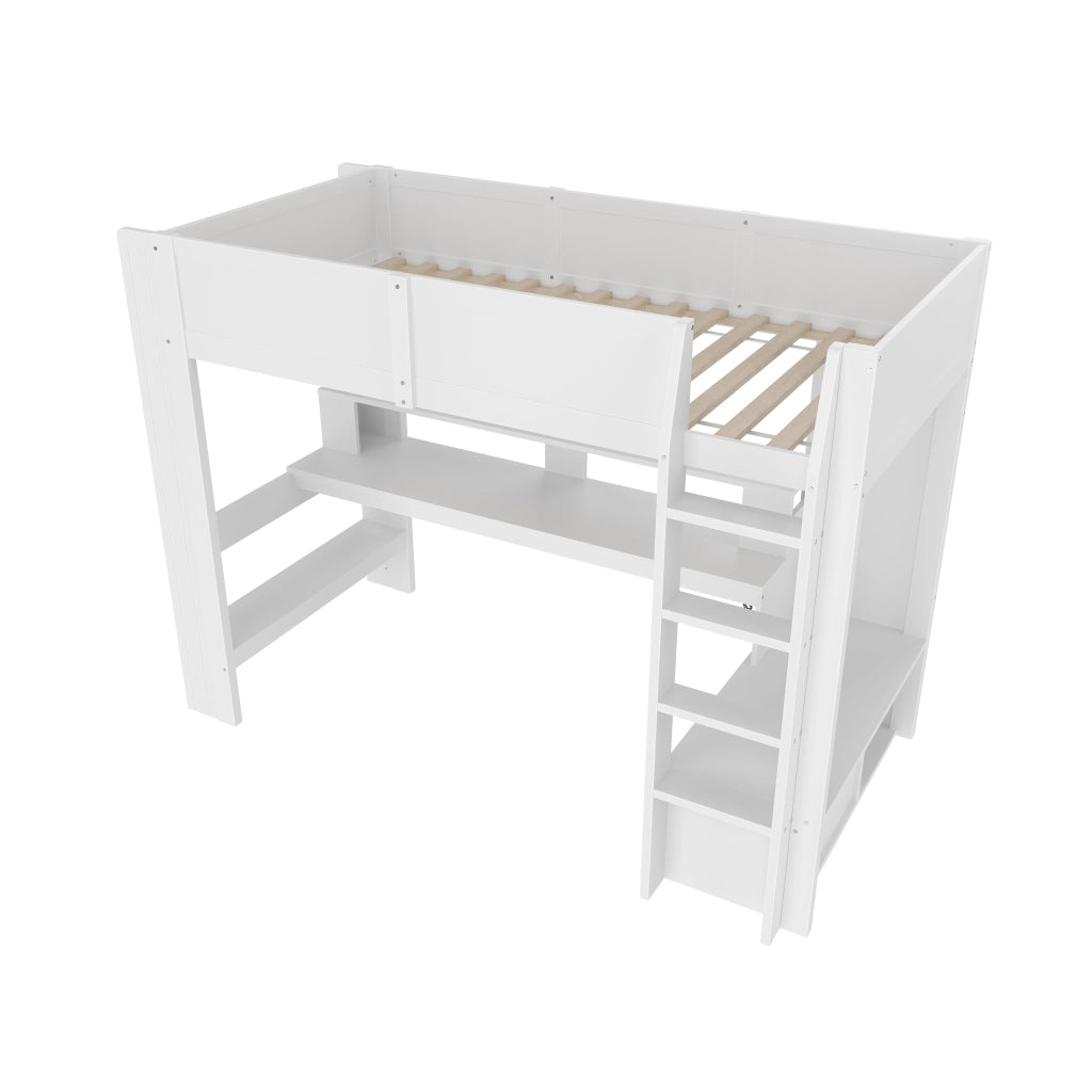 Hochbett bianco in pino con scrivania led e cassetti 90x200 cm