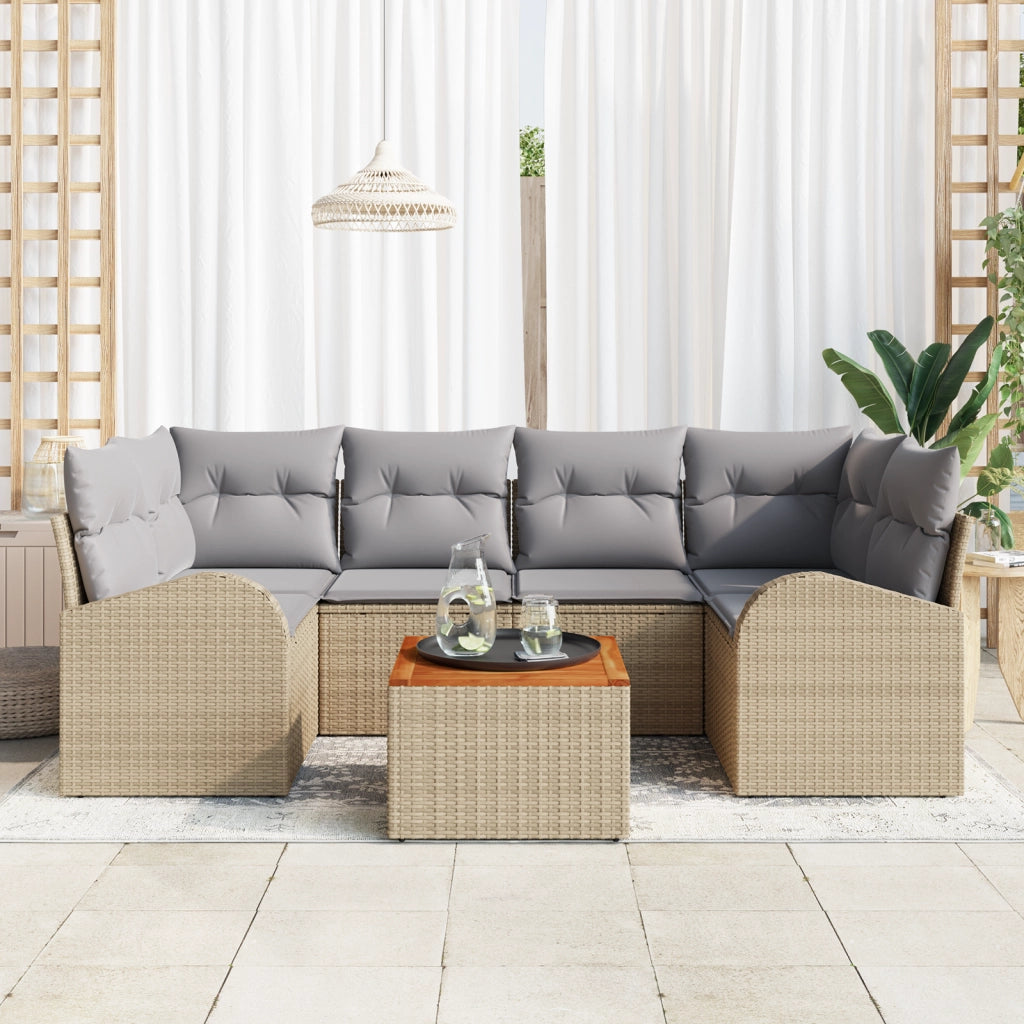 Set Divano Giardino 7 Pezzi con Cuscini Beige Polyrattan Acacia