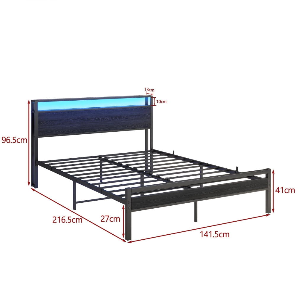 LETTO 140x200 cm con contenitore, metallo e MDF, nero, USB e LED