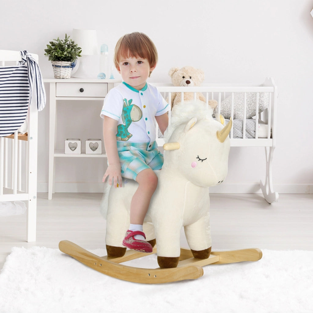 Cavallo a Dondolo per Bambini in Legno e Peluche Unicorno Bianco