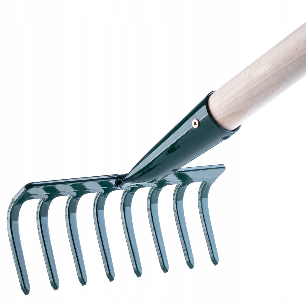 Rastrello per foglie KADAX, per giardino ed erba, con manico in legno, 117 cm, 8 denti solidi