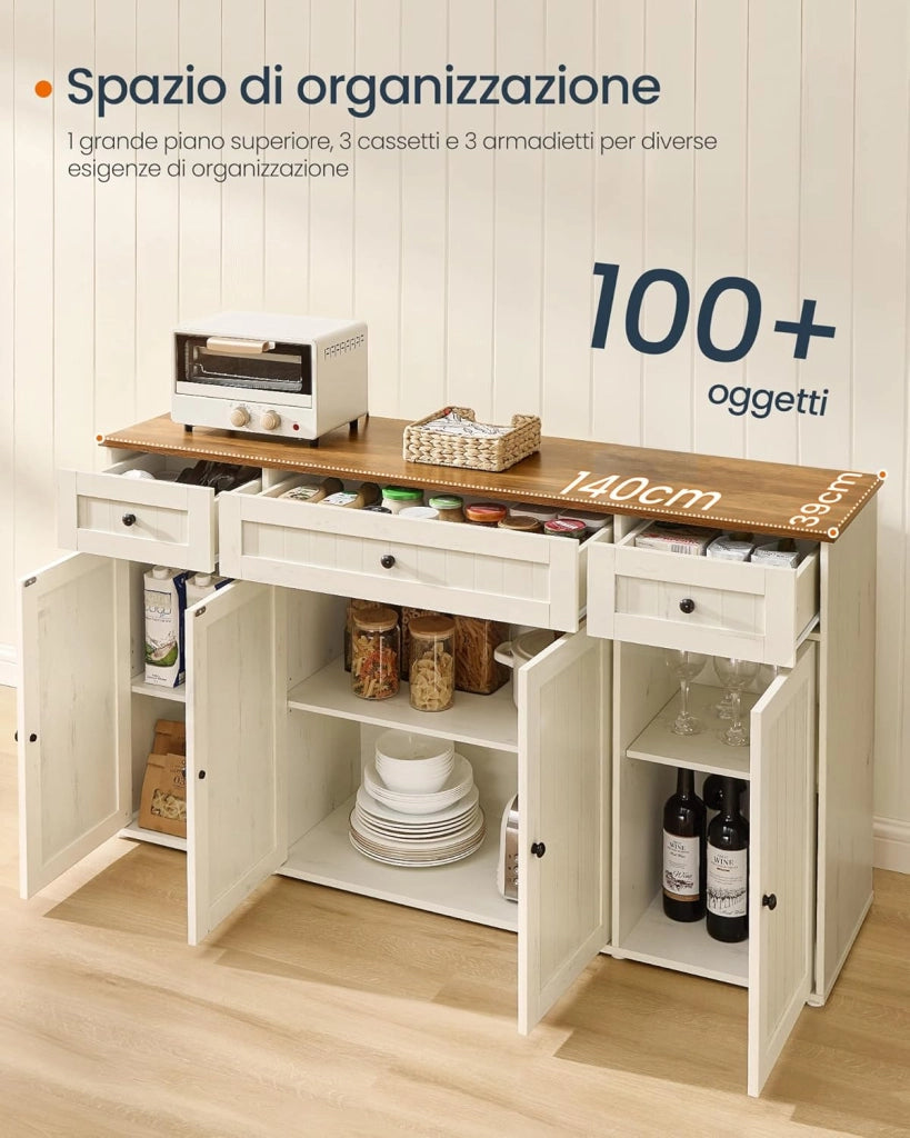 SONGMICS HOME Credenza Montaggio Rapido Senza Attrezzi Toolless, Montaggio Superveloce Senza Utensili, Mobile da Cucina con Piano, Buffet, Ripiani Regolabili, Bianco Vintage e Marrone Miele BBK376WJ02