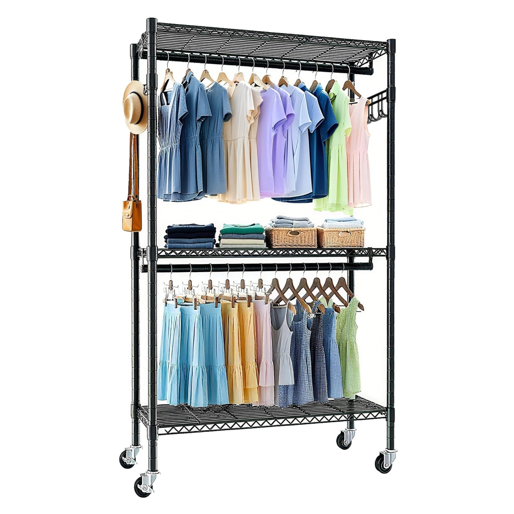 PORTAABITI con ruote, 3 ripiani, 2 aste e 2 ganci, nero, 93x46x11 cm