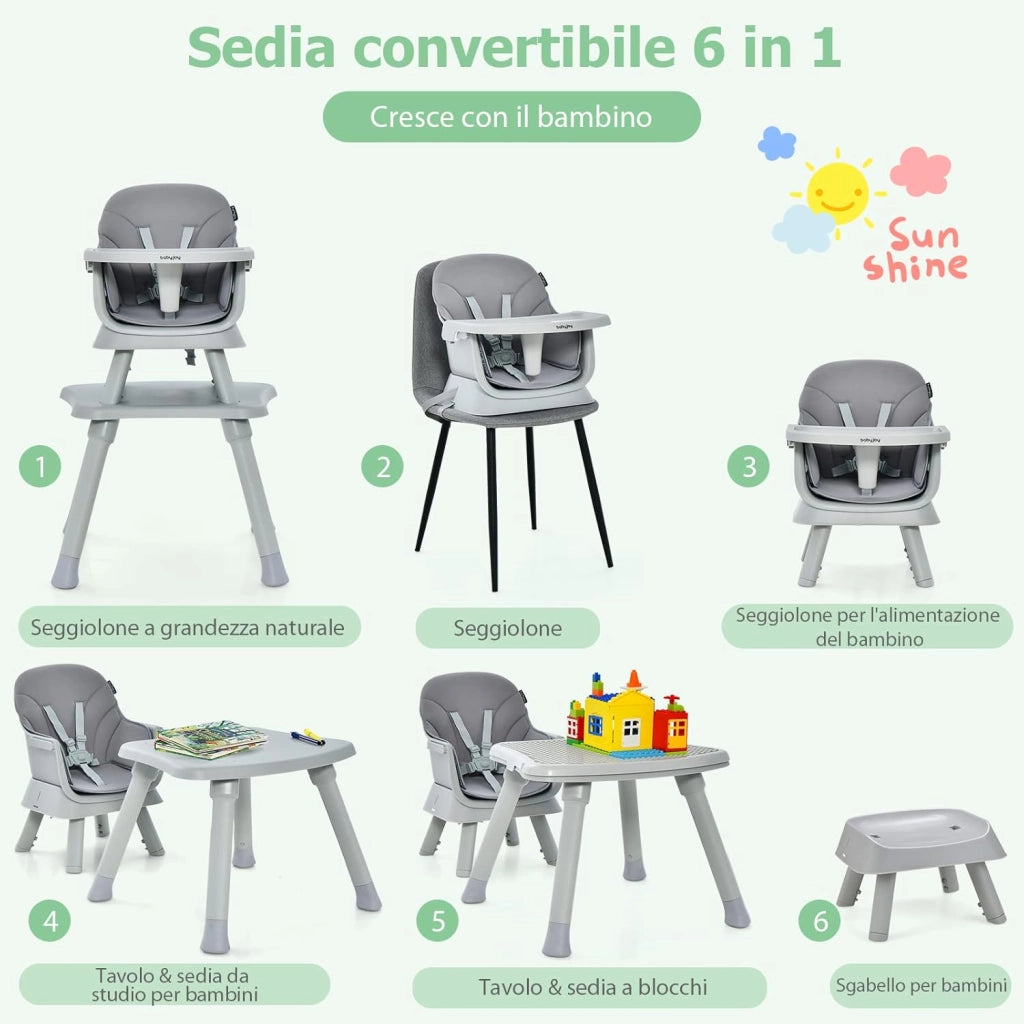 Seggiolone Pappa per Bambini 6 in 1, Seggiolone per Neonati Convertibile, Tavolo per Costruzioni per Bambini, con Imbracatura a 5 Punti, per Bambini da 6 Mesi fino 3 Anni (Grigio)