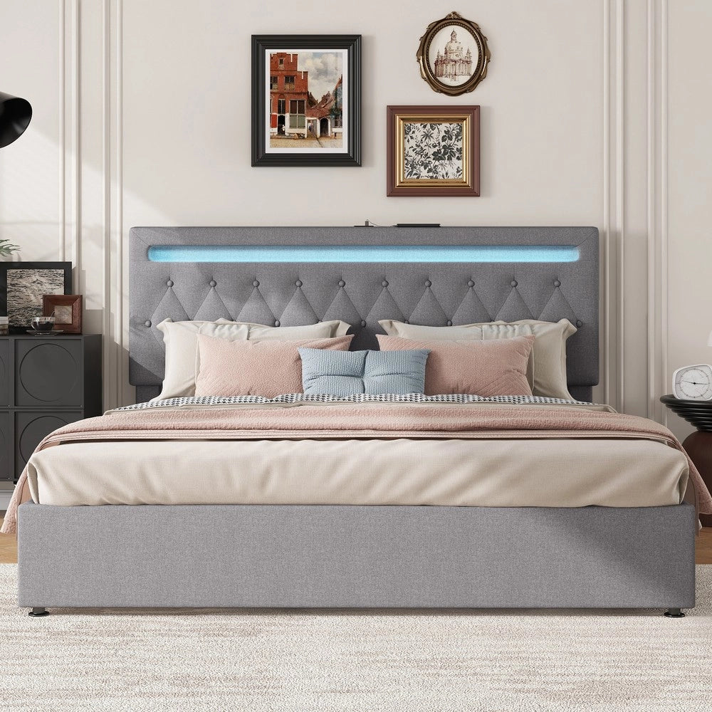 Letto contenitore imbottito ¨C Minimal ¨C Grigio 180x200cm con LED idraulico e porta USB