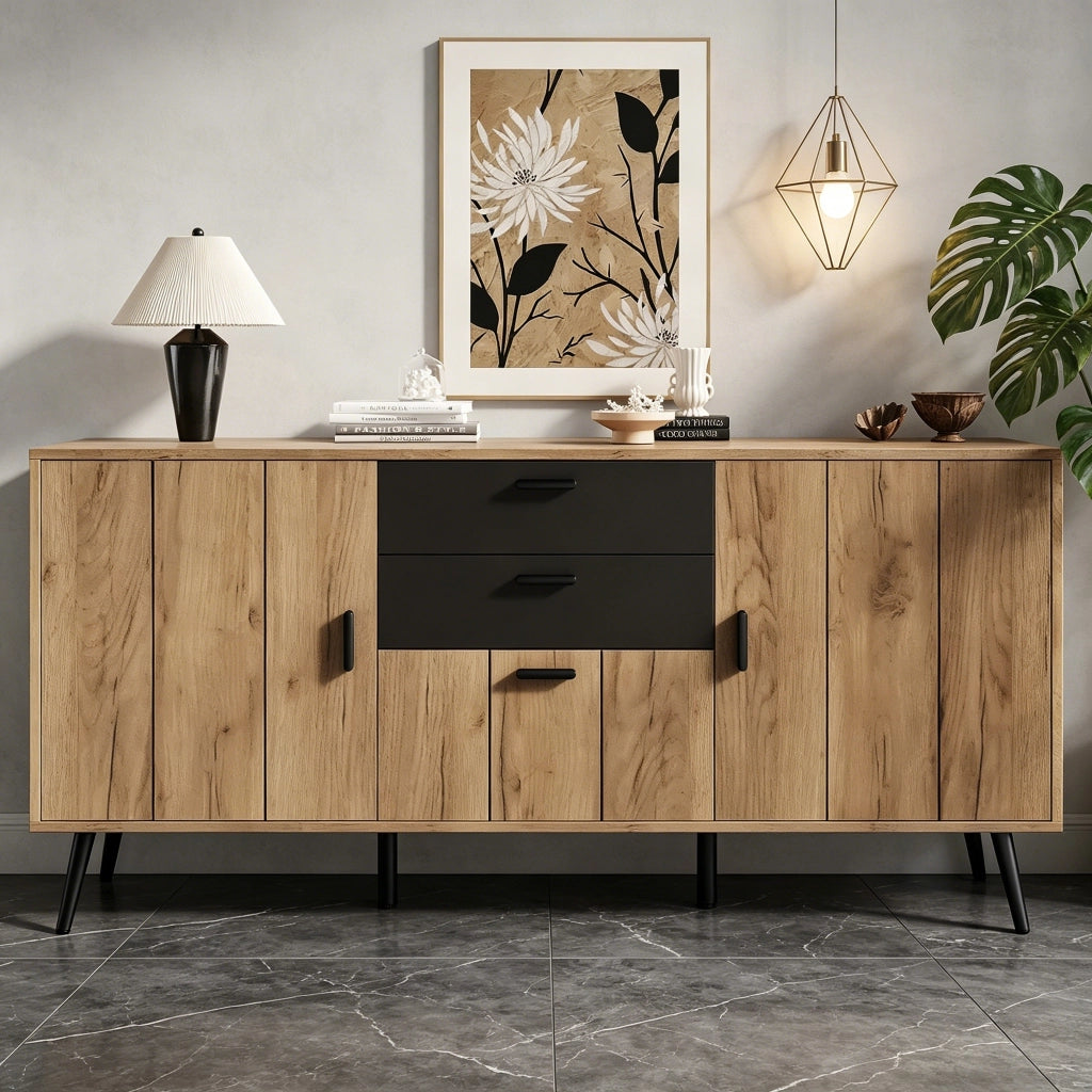 Credenza con 3 ante e 2 cassetti; 7 vani - per soggiorno o cucina - in MDF - 140x35x67 cm