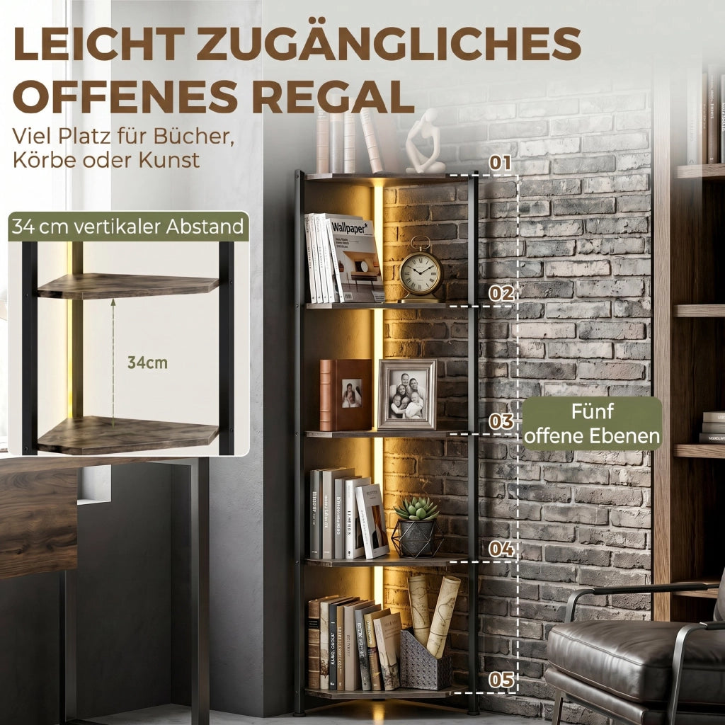 Libreria angolare 5 livelli con LED ¨C zephmum ¨C Rustico Marrone 100x30x200