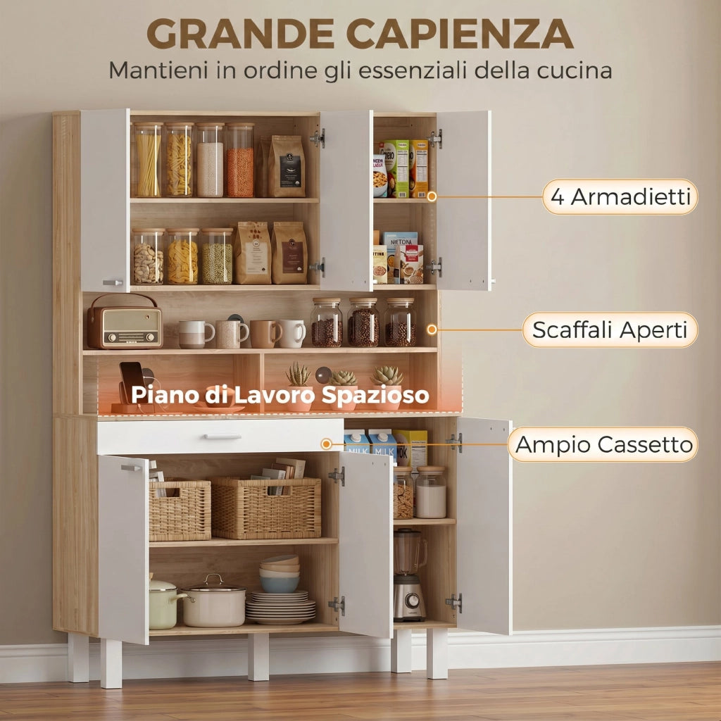 Credenza da Cucina 120x40x175 cm con Ripiani Aperti 4 Armadietti e Cassetto in Legno e Metallo Bianco e Legno