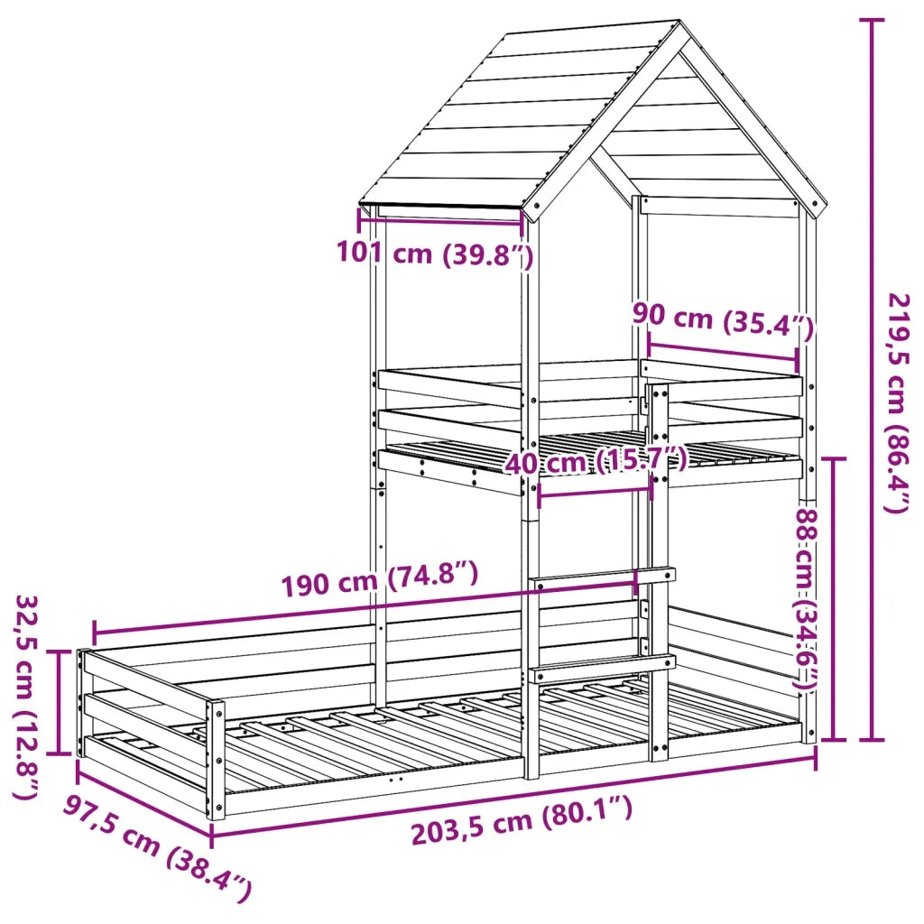 vidaXL Letto a Castello con Tetto Marrone Cera 90x190 cm Massello Pino