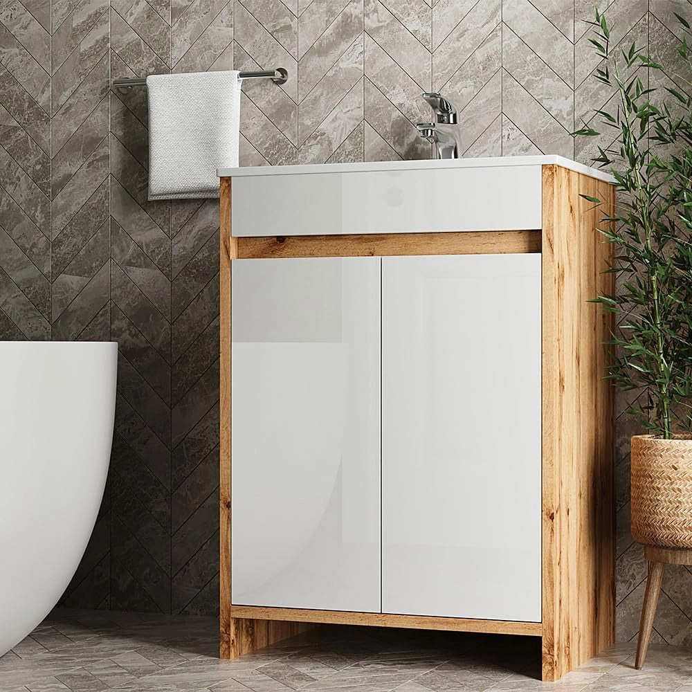 Mobiletto Lemgo, Quercia dorata, 2 parti, composto da mobile sottolavabo e lavabo