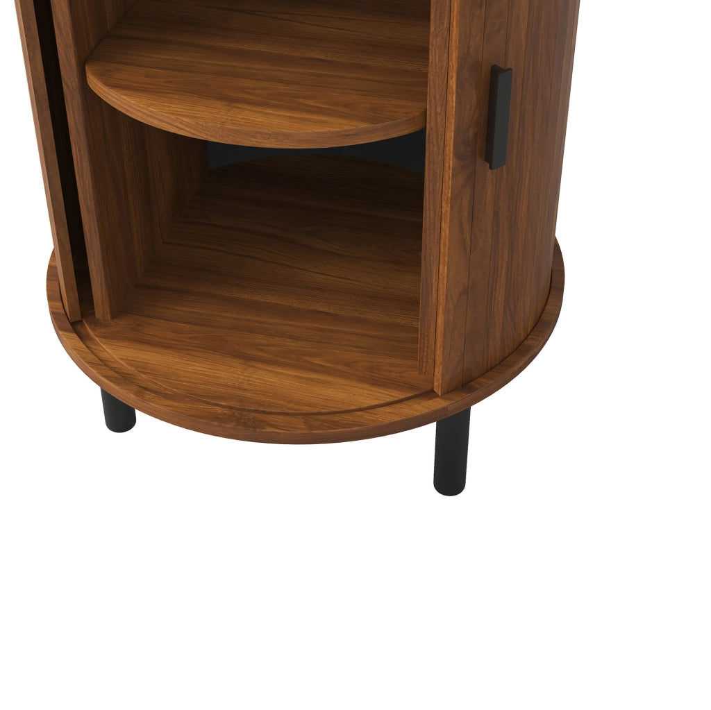 Mobiletto rotondo 48x48x65 cm con anta scorrevole e ripiano interno; MDF e truciolare; noce