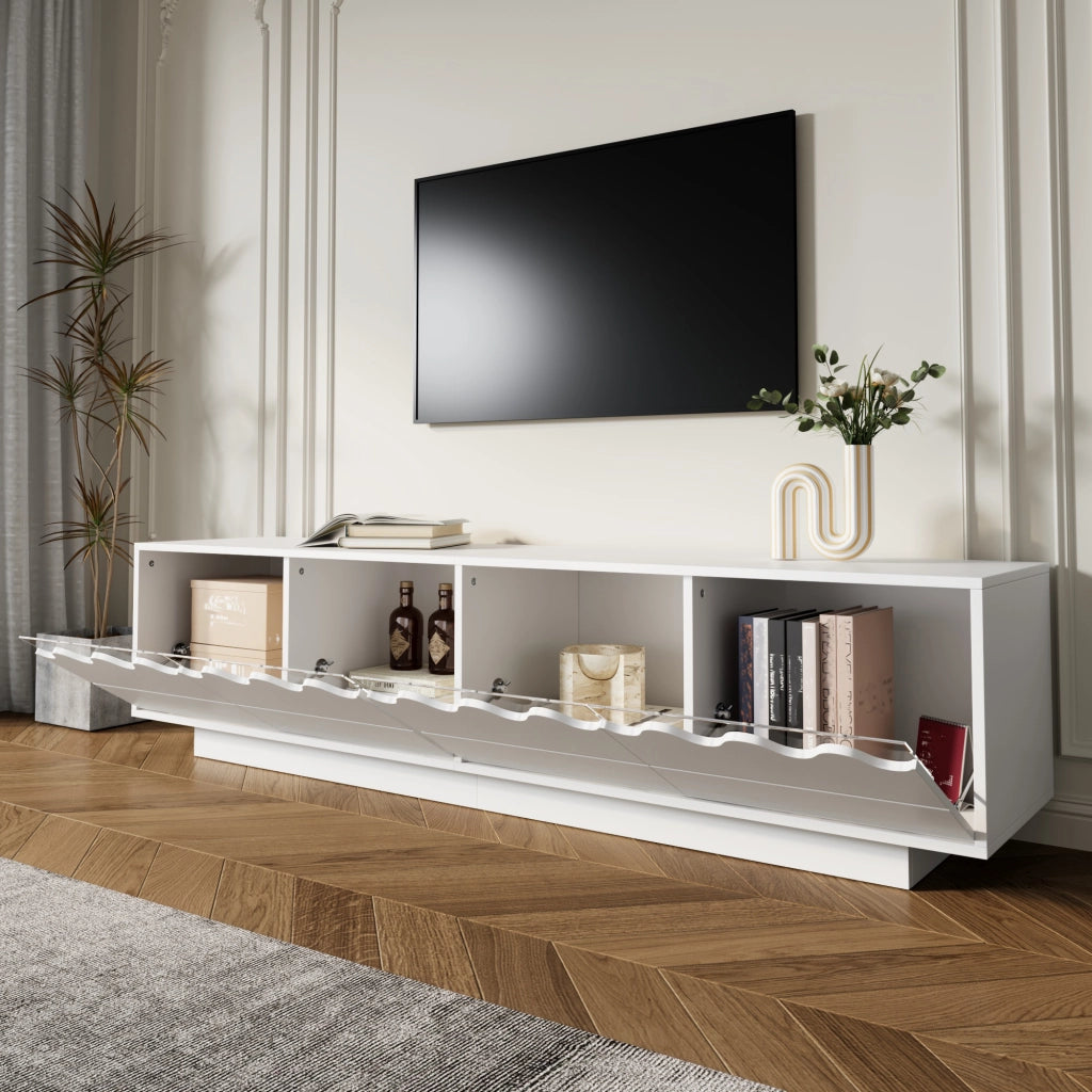Mobile TV con 4 Ante e Ripiani in Vetro Temperato; Design Ondulato Moderno; 170??40??45 cm; in MDF; Bianco