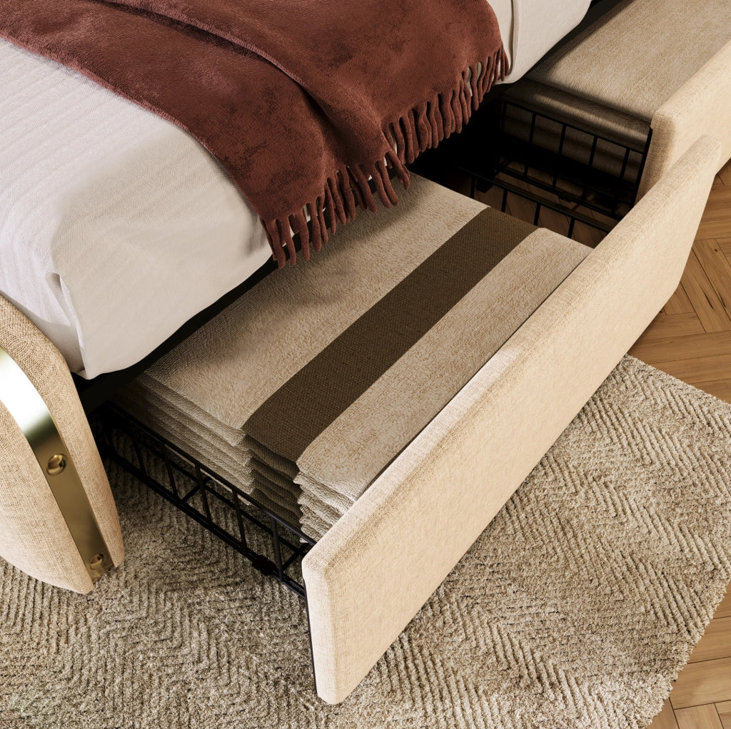 Letto singolo imbottito 90x200 cm in lino beige con 4 cassetti; USB e testiera con materasso