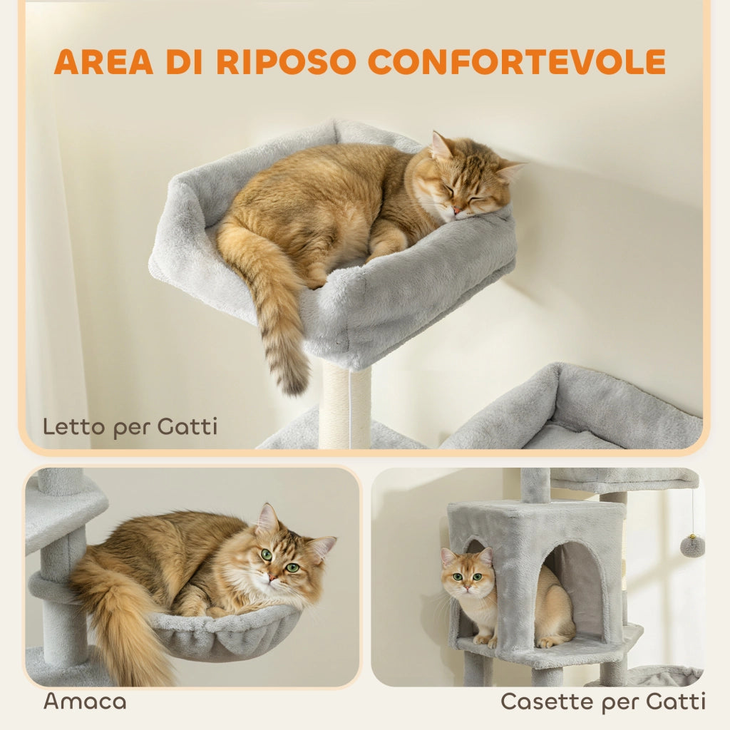 Albero Tiragraffi per Gatti 48x40x177 cm con 2 Casette 2 Lettini Trespolo e 2 Palline Grigio Chiaro e Beige