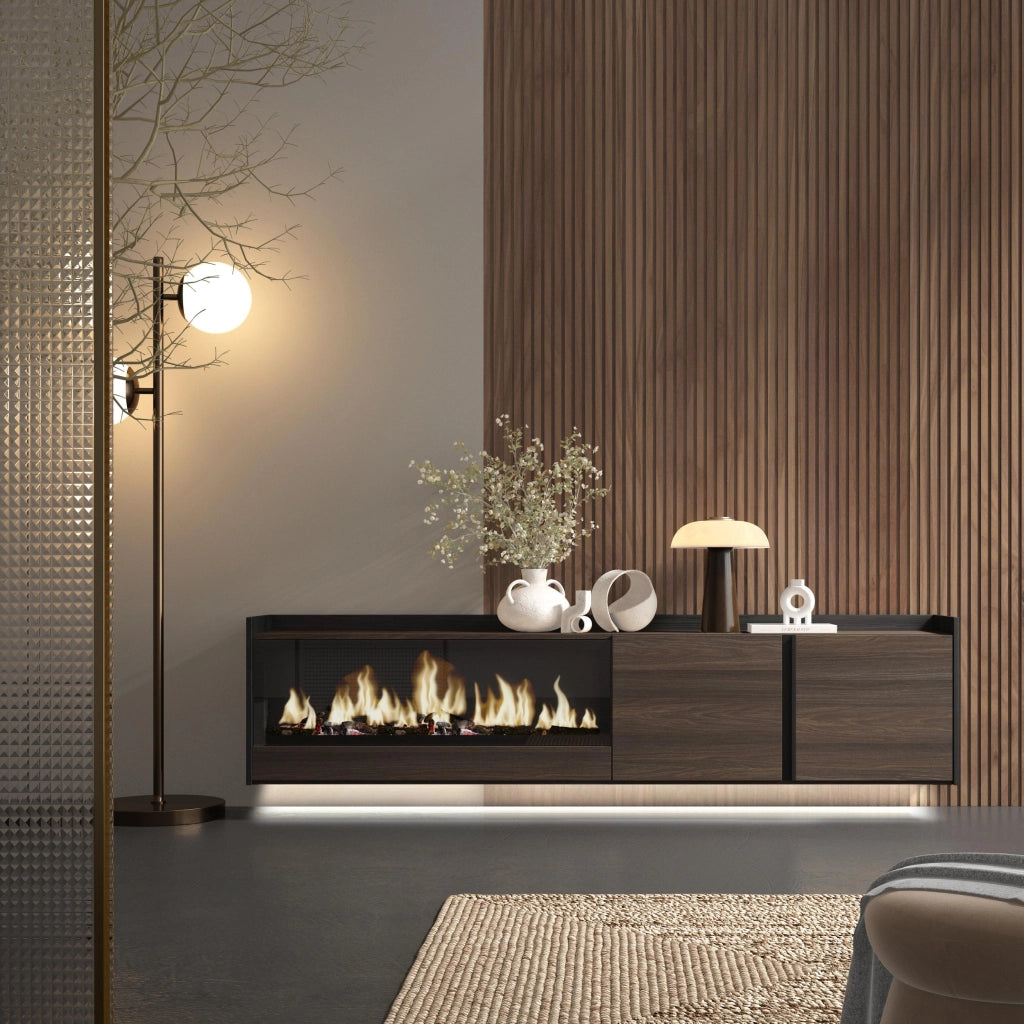 Mobile TV Soggiorno, 212x50x35 cm, Per TV fino a 80", Camino elettrico XXL, Sospeso, da appendere, LED, Rovere scuro e Nero