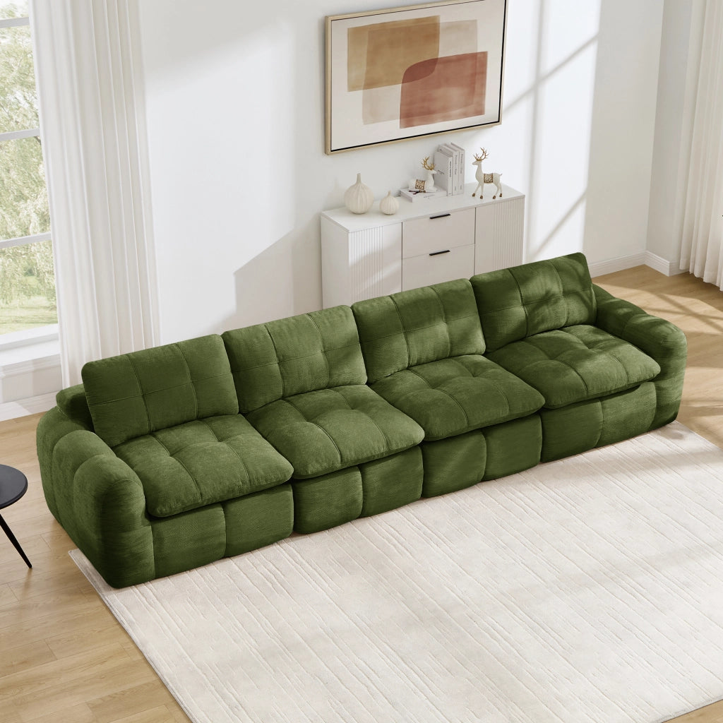 Divano modulare a 4 posti senza struttura con seduta ampia e profonda in ciniglia verde 334 × 97 × 68 cm