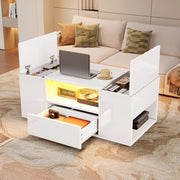 Tavolino da salotto 100 x 50 x 40 cm con cassetto, 2 vani chiusi, vani aperti e illuminazione LED, bianco lucido