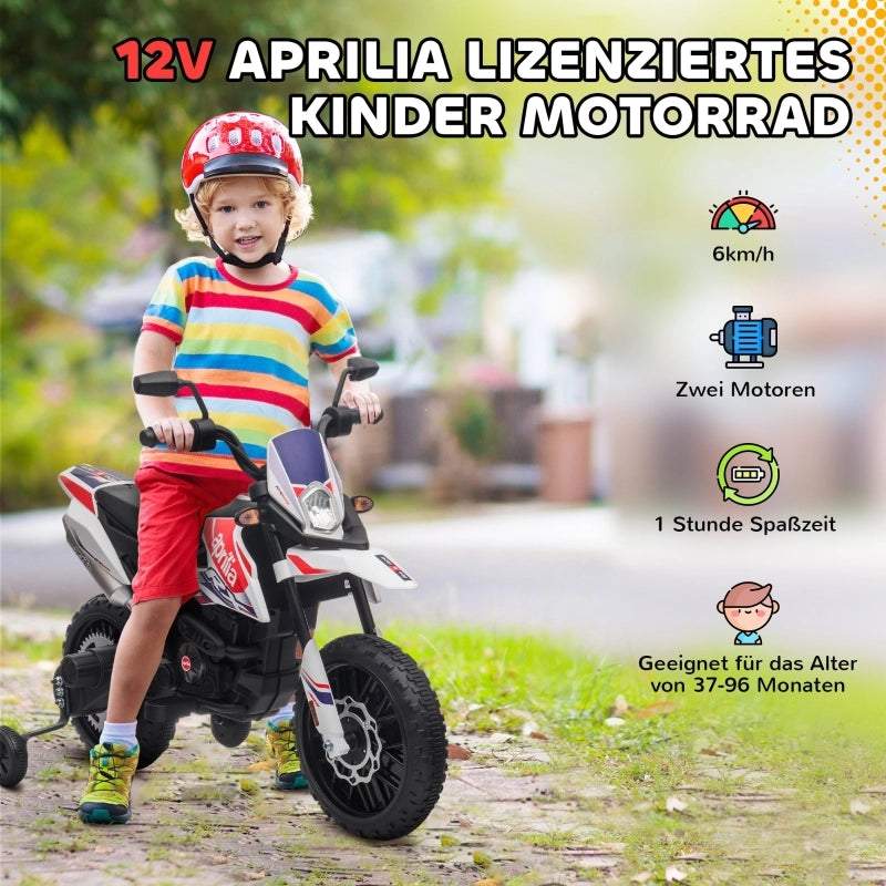 Motocicletta elettrica per bambini da 12V con rotelle, luci a LED, musica, USB, per ragazzi e ragazze, bianca.