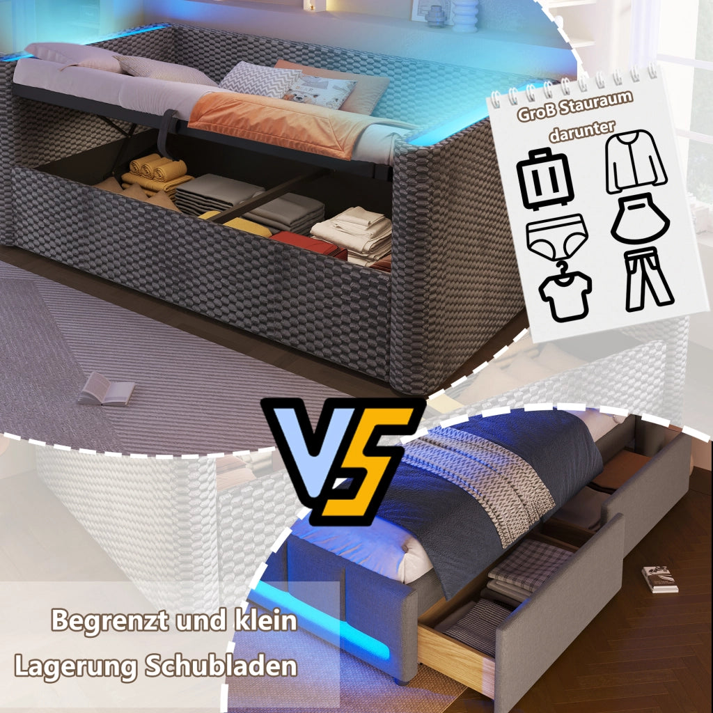 OKWISH Letto a Divano 90×200 cm, Letto Singolo con Contenitore Idraulico, LED Multicolore e Controllo tramite App, senza Materasso, in Velluto, Grigio