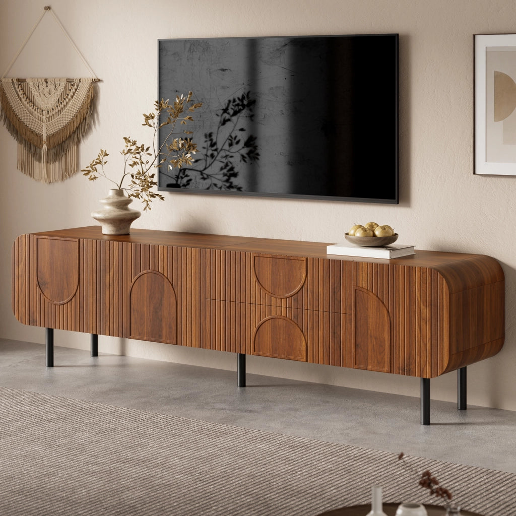 Mobile TV 180 cm in MDF con 3 ante; 2 cassetti e gambe in metallo; noce