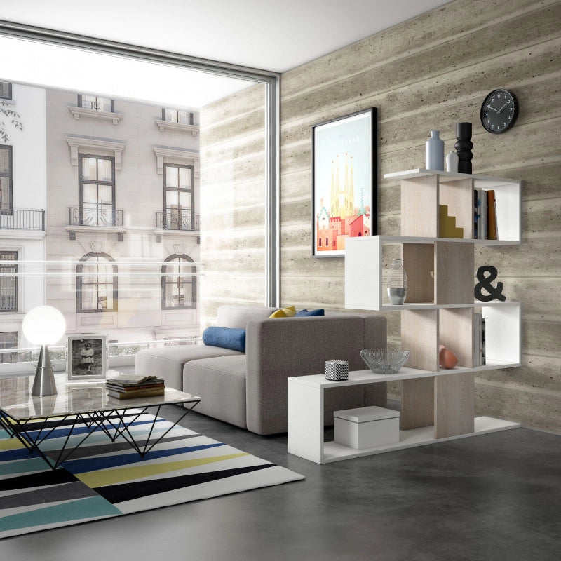 Libreria moderna 5 ripiani bifacciale bianco e rovere 145x29x145 cm - Terraneo