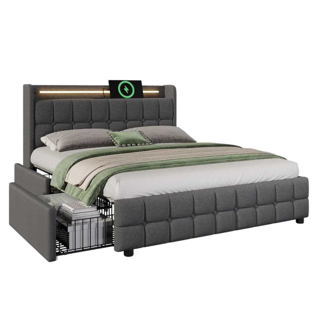 Letto matrimoniale imbottito 180x200 cm con LED; USB; prese; 4 cassetti e rete a doghe; grigio