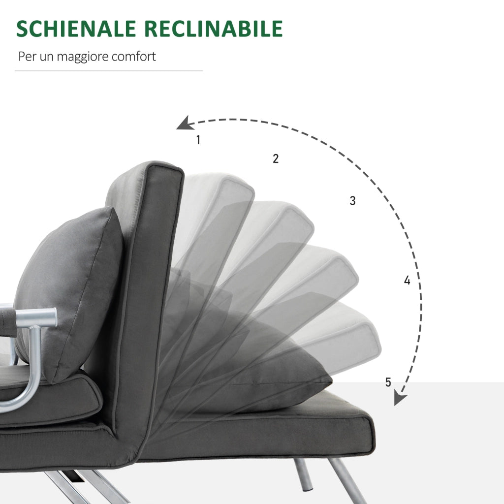 Poltrona Letto Singolo 3 in 1 con Schienale Reclinabile su 5 Livelli e Cuscino, Divano Letto Singolo Pieghevole per Soggiorno e Salotto in Pelle Scamosciata e Metallo, 65x69x80 cm, Grigio