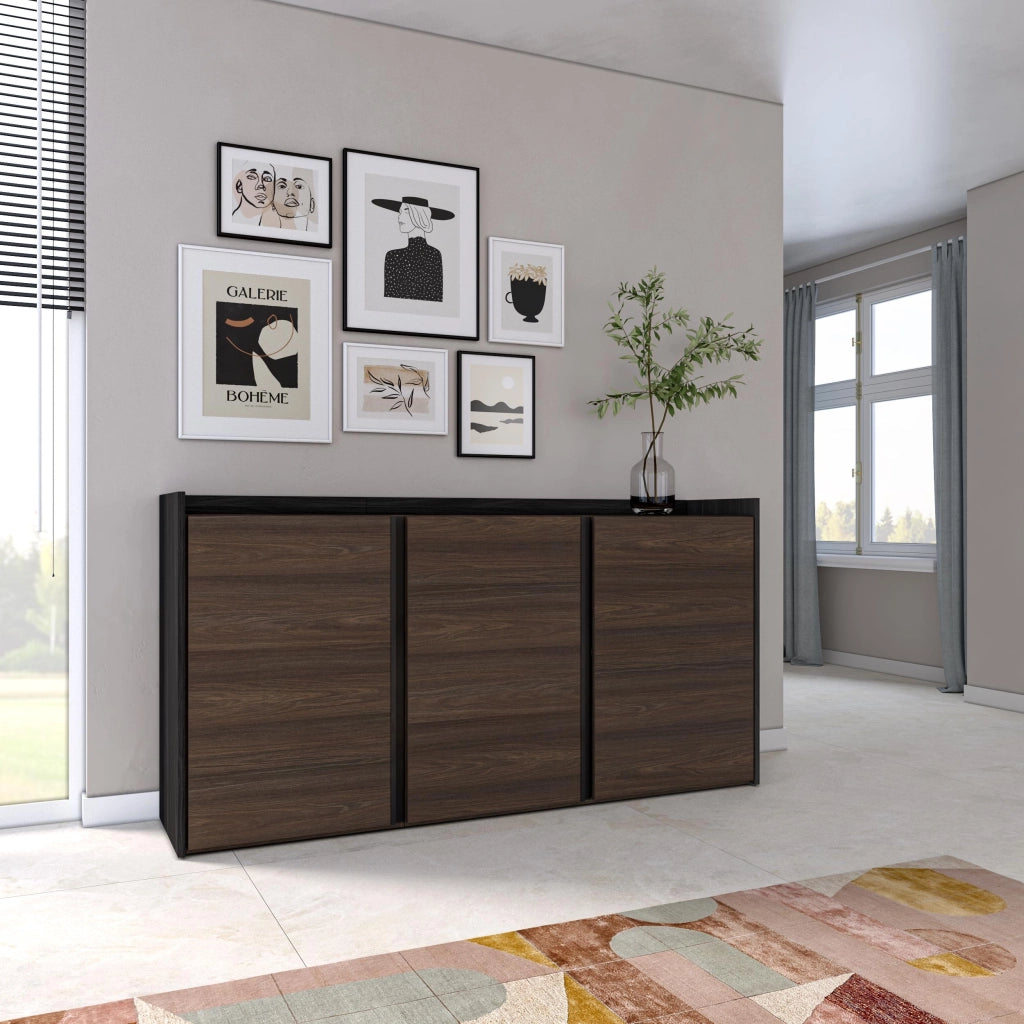 Credenza, Mobile, Cucina, 156x80x35 cm, 3 Porte, grande stoccaggio, Rovere scuro e Nero