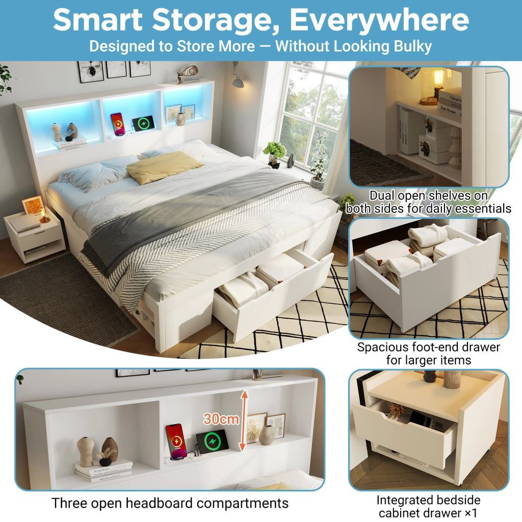 Letto Matrimoniale 140x190 cm; USB; Type-C; LED Regolabile e Mensole - in Legno - Bianco
